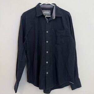 32 Bar Blues M Button Up Shirt Dark Blue Houndstooth 100% Cotton Long Sleeve